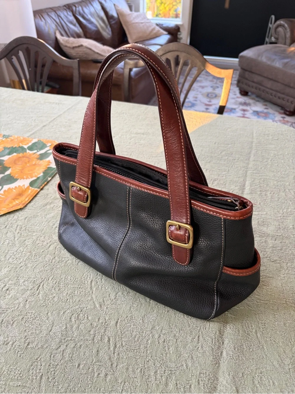 Fossil Black Handbag with Brown Leather Trim